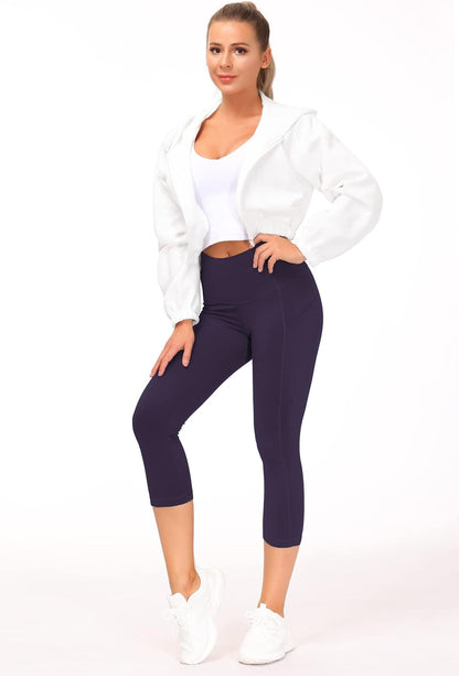 Thick High Waist Capris Yoga Pants with Pockets, Tummy Control Workout Running Yoga Leggings for Women