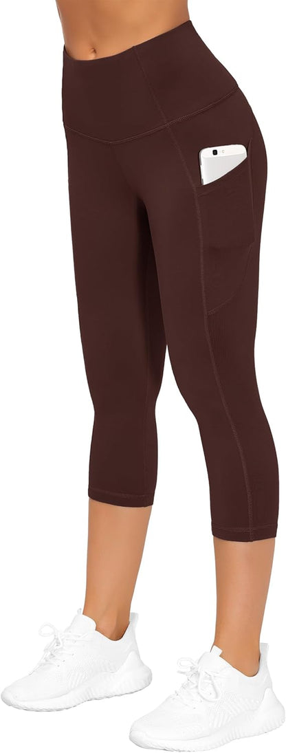 Thick High Waist Capris Yoga Pants with Pockets, Tummy Control Workout Running Yoga Leggings for Women
