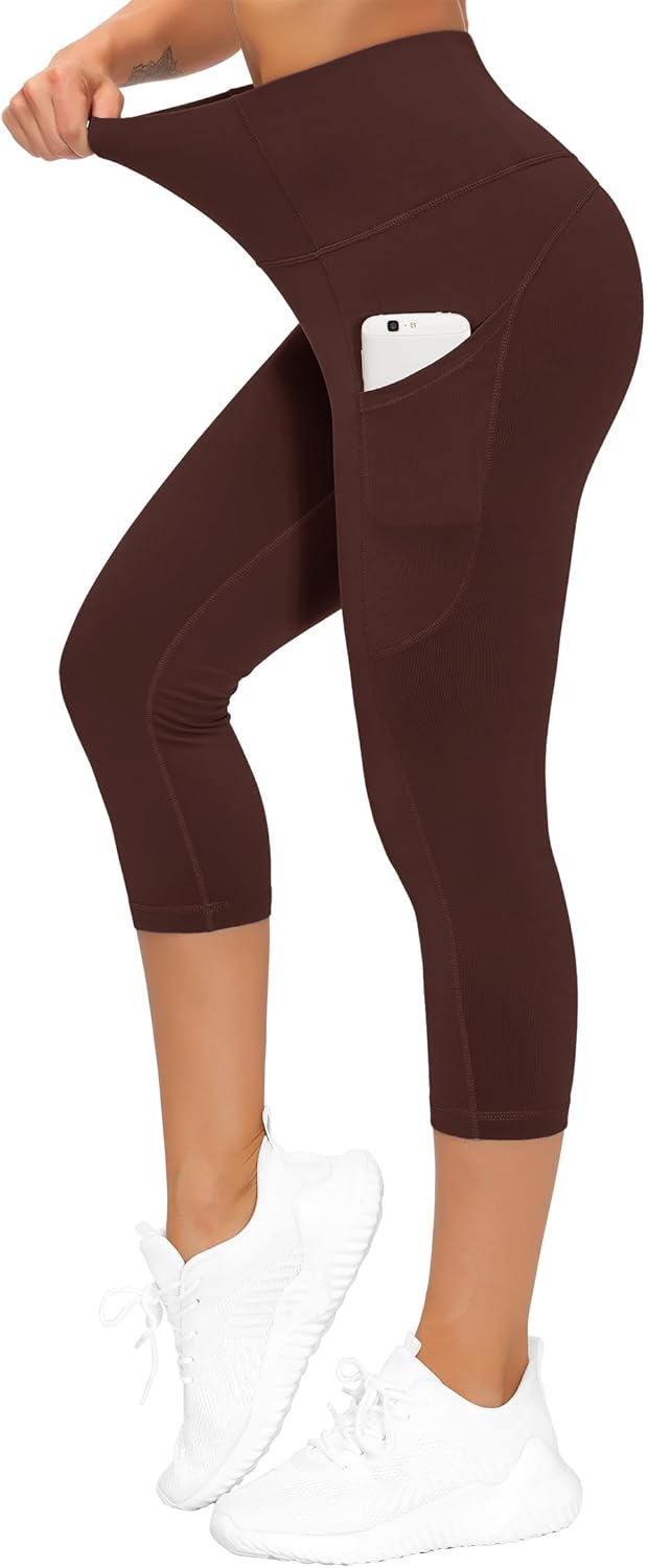 Thick High Waist Capris Yoga Pants with Pockets, Tummy Control Workout Running Yoga Leggings for Women
