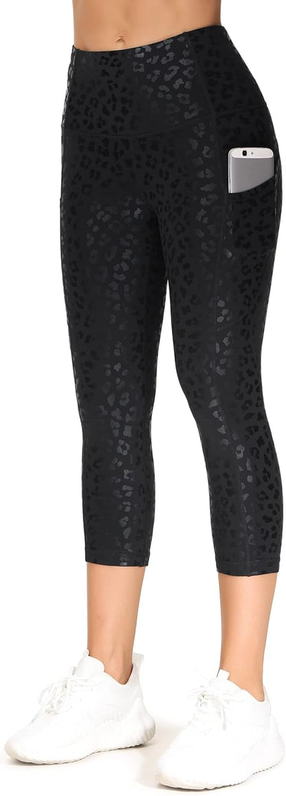 Thick High Waist Capris Yoga Pants with Pockets, Tummy Control Workout Running Yoga Leggings for Women