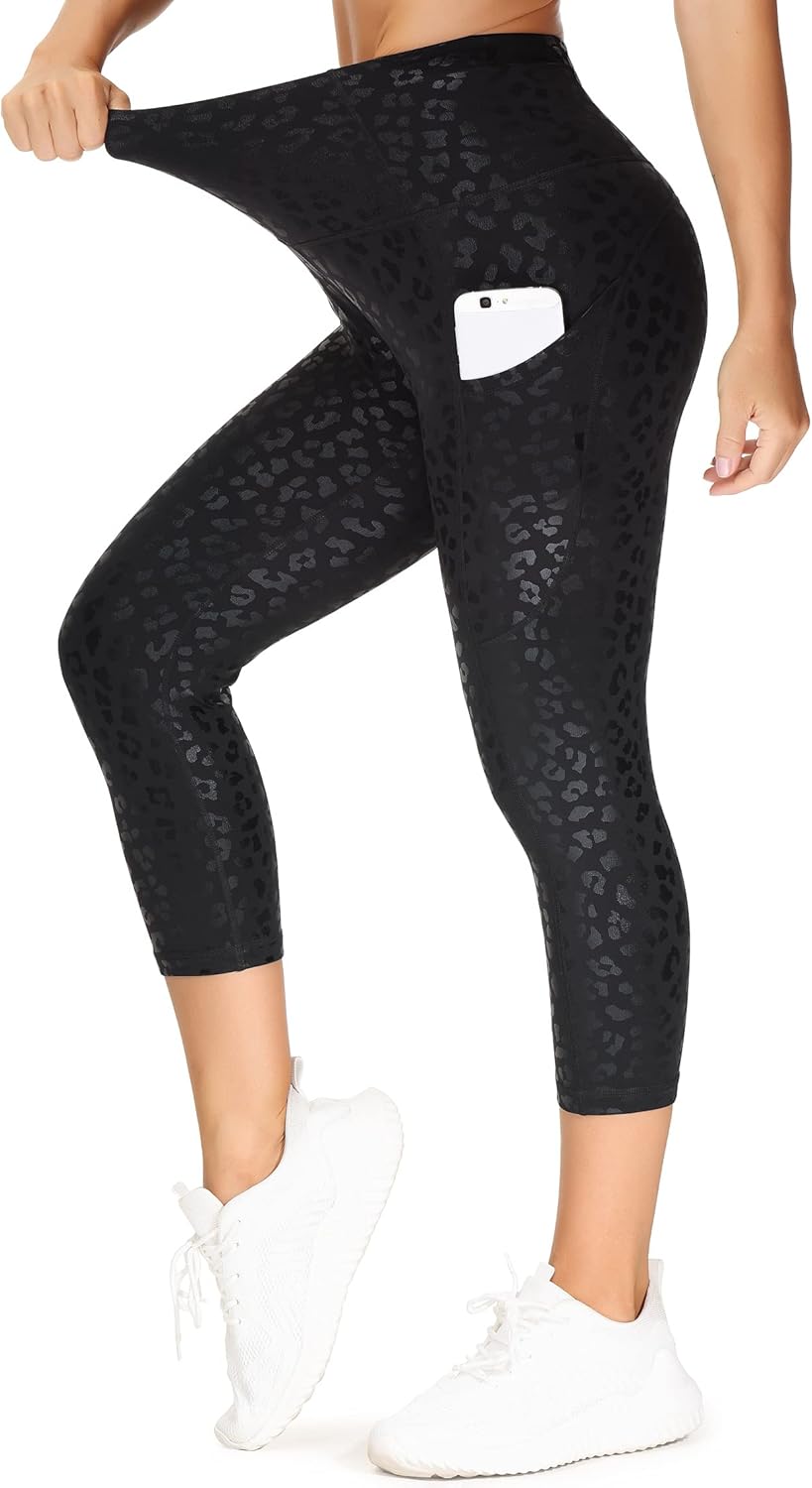 Thick High Waist Capris Yoga Pants with Pockets, Tummy Control Workout Running Yoga Leggings for Women