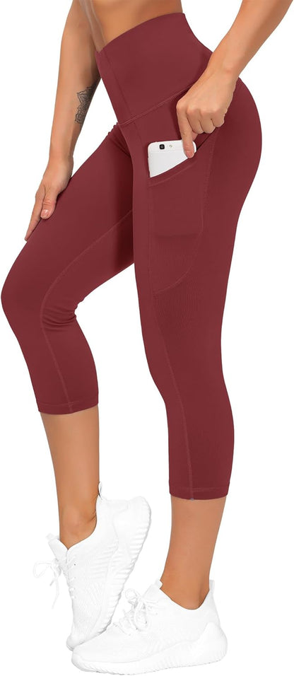 Thick High Waist Capris Yoga Pants with Pockets, Tummy Control Workout Running Yoga Leggings for Women