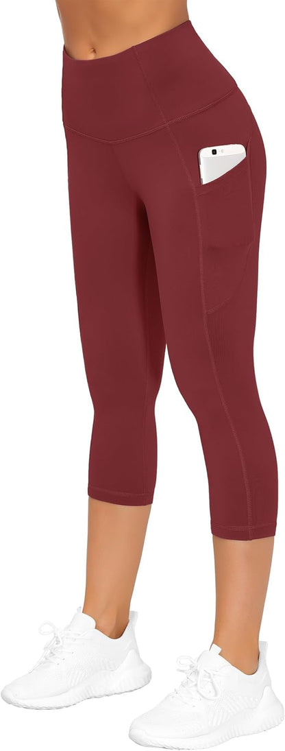 Thick High Waist Capris Yoga Pants with Pockets, Tummy Control Workout Running Yoga Leggings for Women