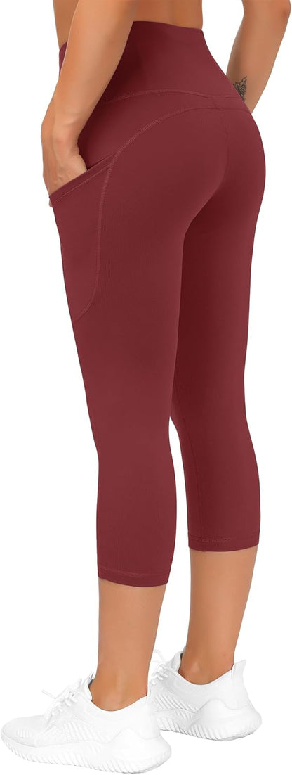 Thick High Waist Capris Yoga Pants with Pockets, Tummy Control Workout Running Yoga Leggings for Women