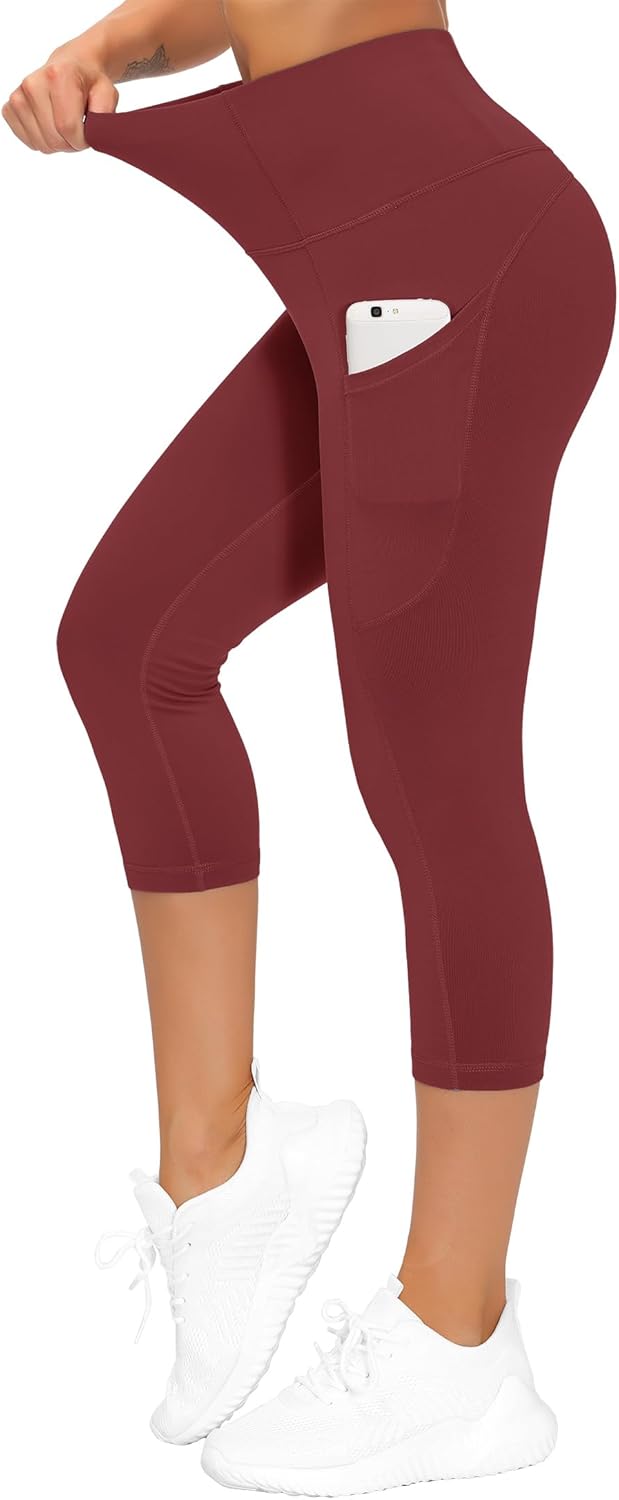 Thick High Waist Capris Yoga Pants with Pockets, Tummy Control Workout Running Yoga Leggings for Women