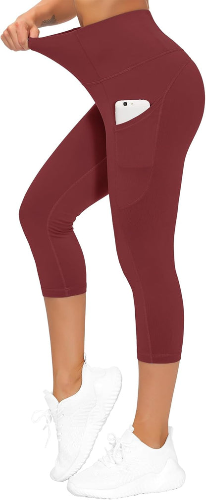Thick High Waist Capris Yoga Pants with Pockets, Tummy Control Workout Running Yoga Leggings for Women