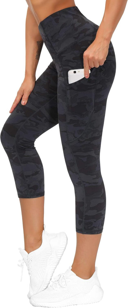 Thick High Waist Capris Yoga Pants with Pockets, Tummy Control Workout Running Yoga Leggings for Women
