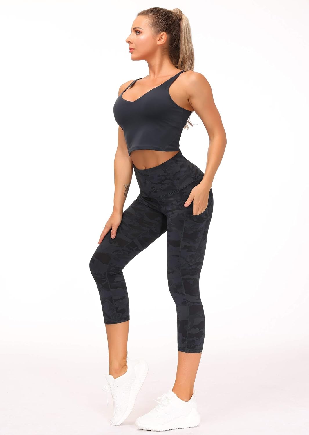 Thick High Waist Capris Yoga Pants with Pockets, Tummy Control Workout Running Yoga Leggings for Women