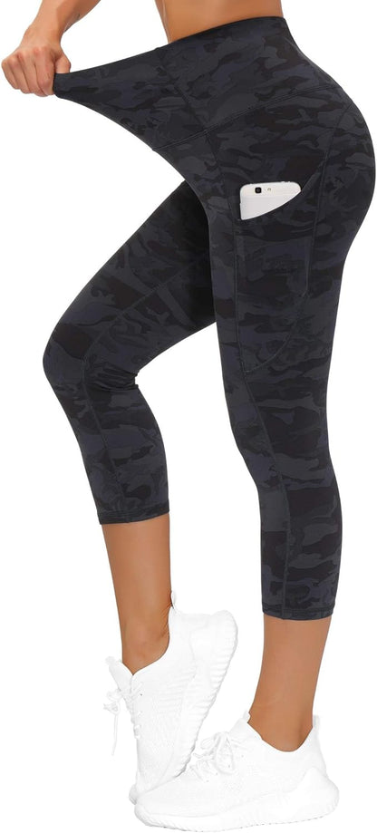 Thick High Waist Capris Yoga Pants with Pockets, Tummy Control Workout Running Yoga Leggings for Women