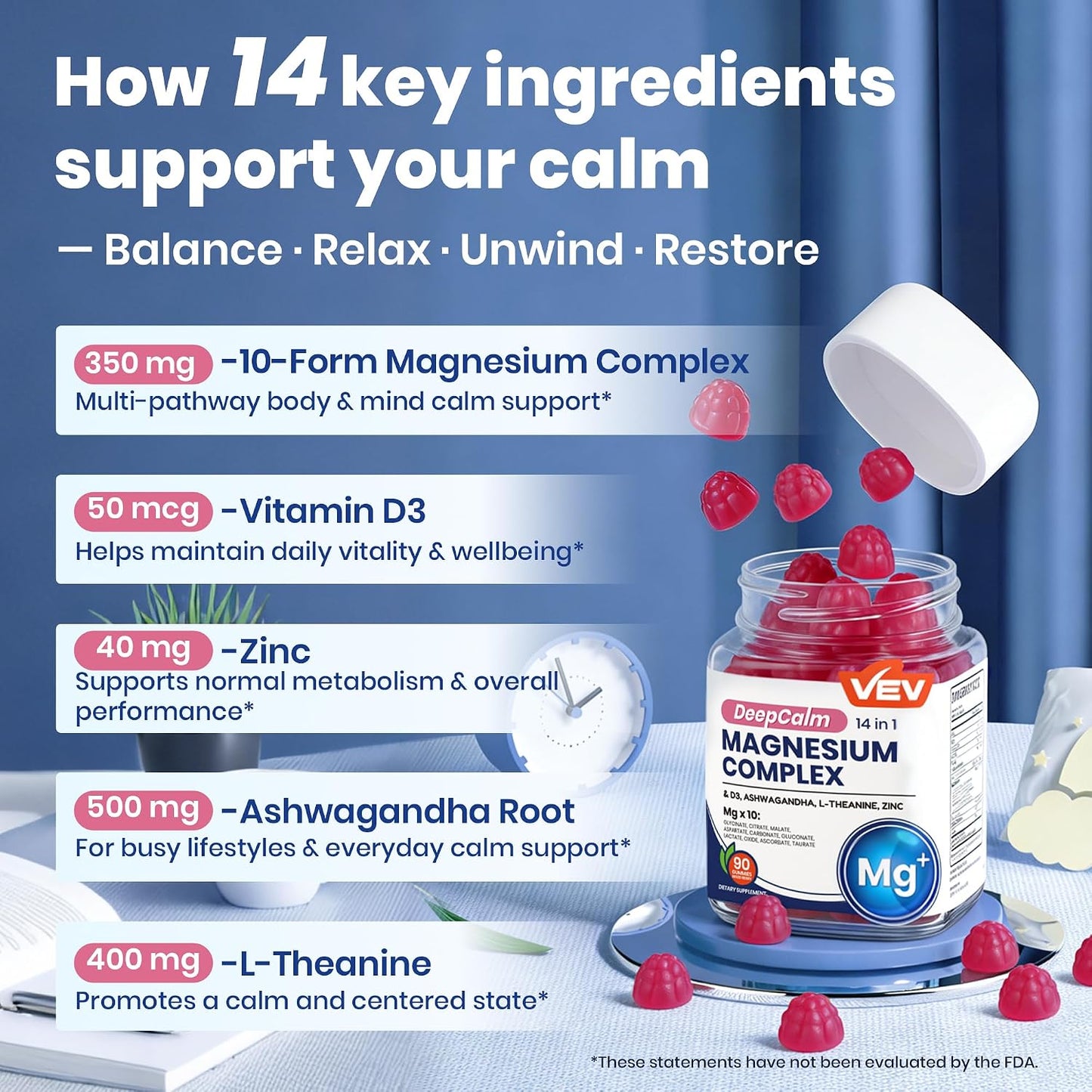 Deep Calm Magnesium Complex 14-in-1 Glycinate Gummies for Women and Men