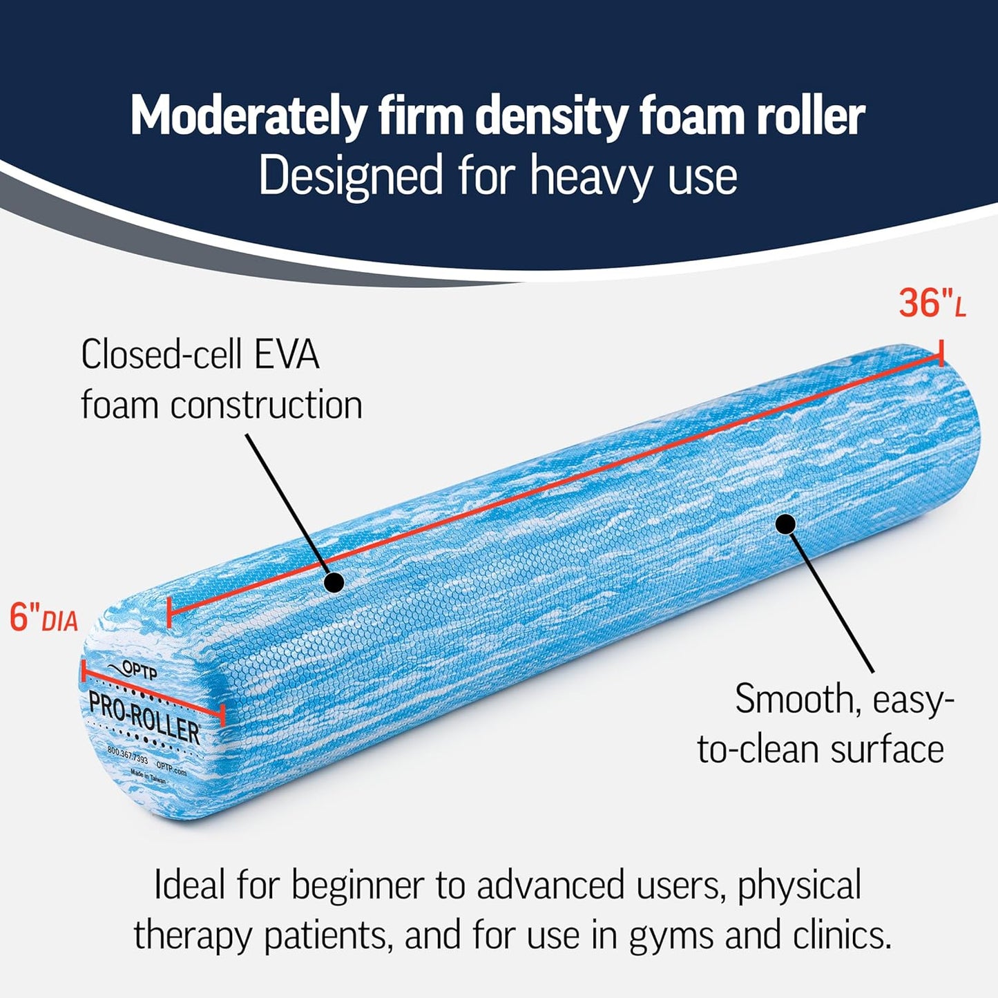 PRO-ROLLER Standard Density Foam Roller – Round, Blue, 36" x 6" | Durable roller for back massage, deep tissue foam roller exercises, stretching, fitness, yoga and Pilates, blue, 36" x 6"