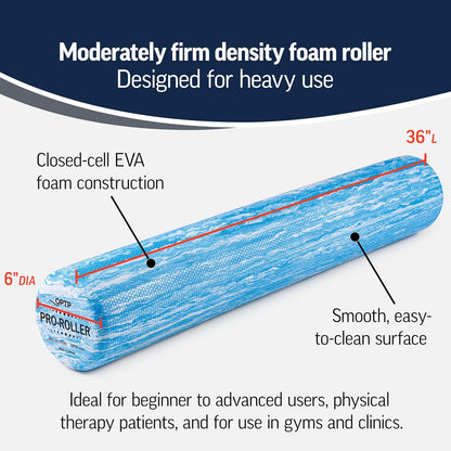 PRO-ROLLER Standard Density Foam Roller – Round, Blue, 36" x 6" | Durable roller for back massage, deep tissue foam roller exercises, stretching, fitness, yoga and Pilates, blue, 36" x 6"