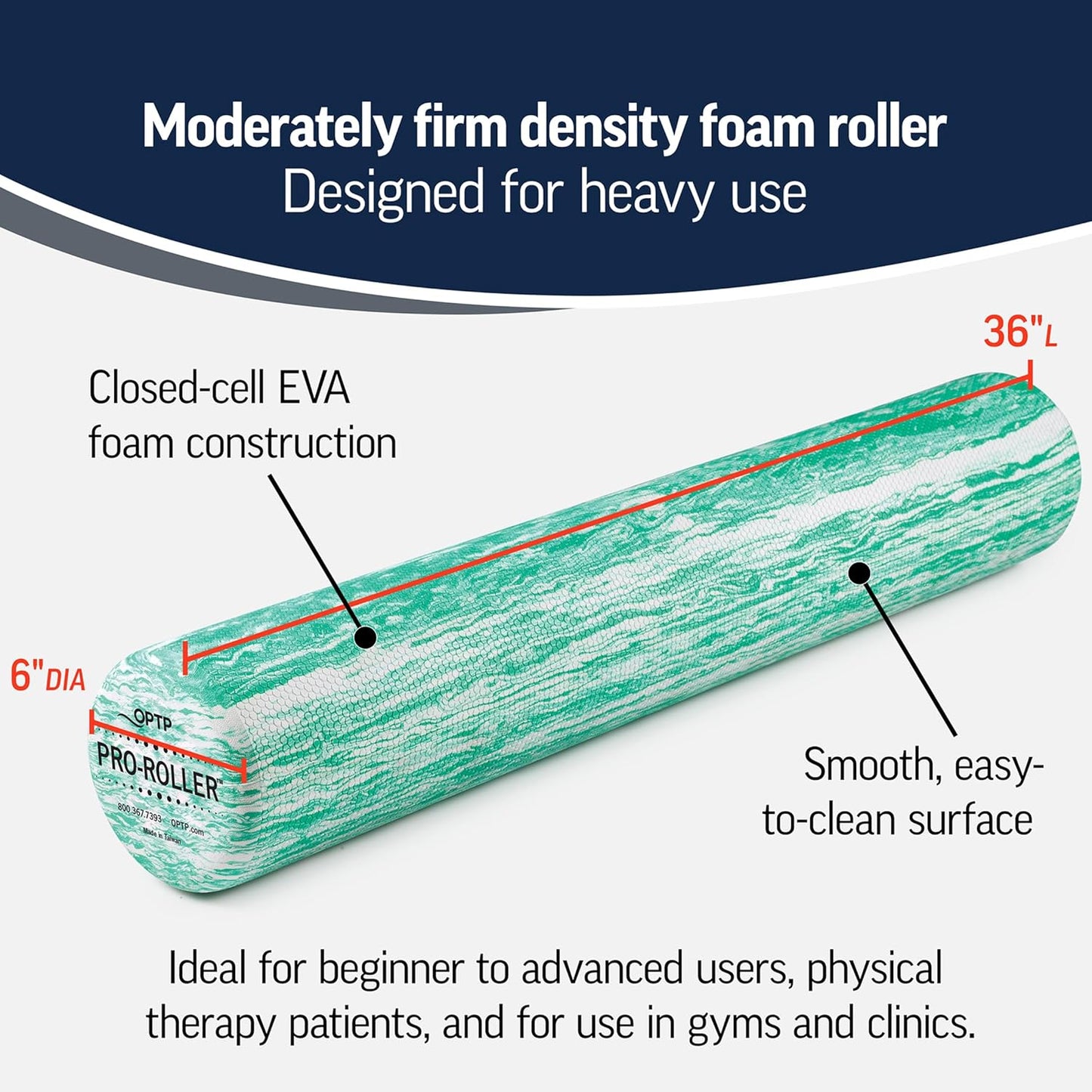 PRO-ROLLER Standard Density Foam Roller – Round, Blue, 36" x 6" | Durable roller for back massage, deep tissue foam roller exercises, stretching, fitness, yoga and Pilates, blue, 36" x 6"