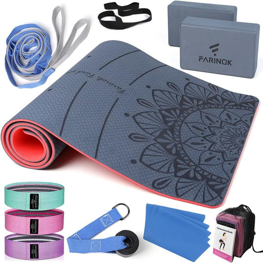 1/3 Yoga Mat Thick, Yoga Set for Beginners Include High Density Mat with Multi-loops Strap, Blocks, Booty Resistance Band Set, Door Anchor, Carring Bag & Strap