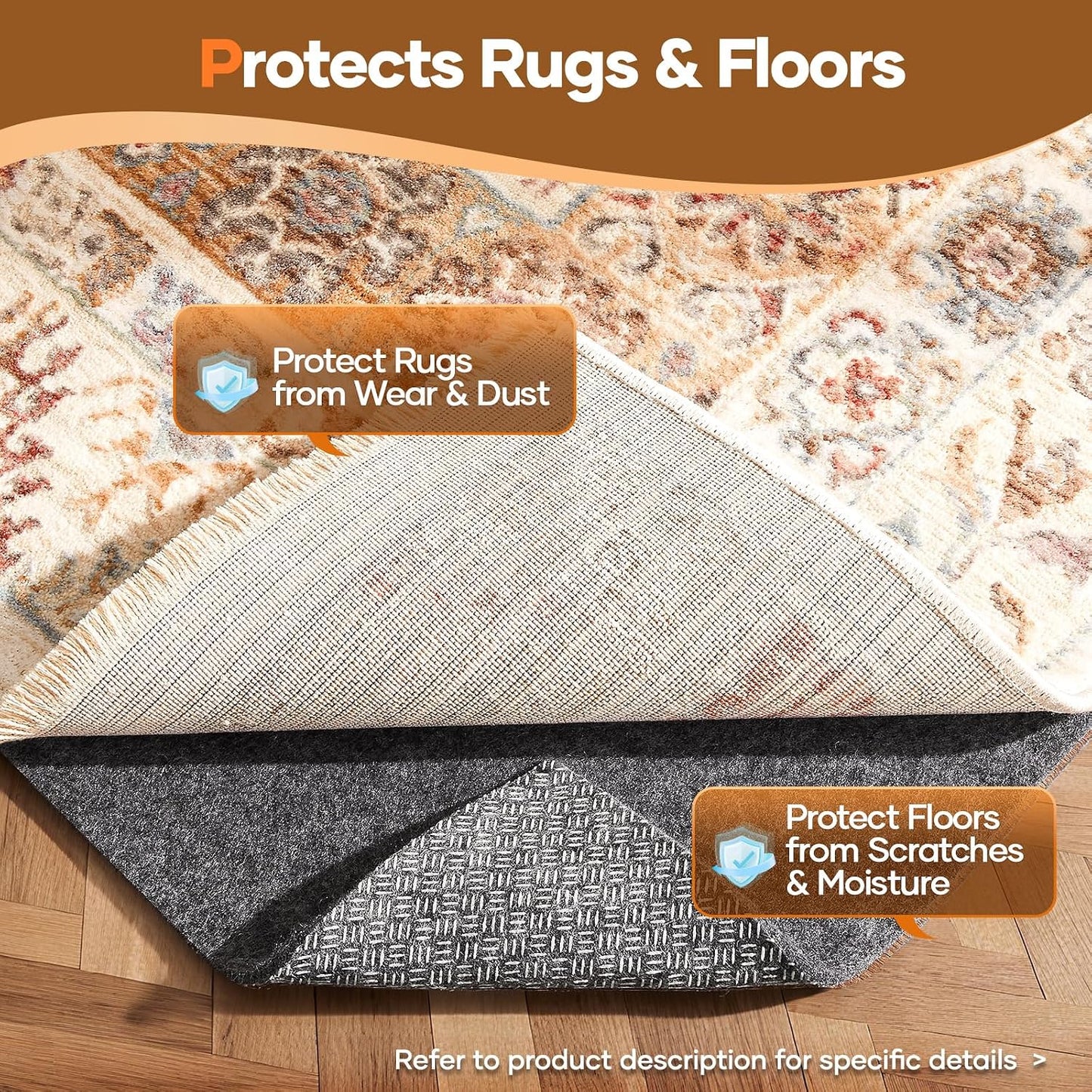 Non Slip Cushioned Rug Pad Gripper, Felt and Silicone Backing, Carpet Liner Protector Mat for Area Rugs and Hardwood Floors, Keep Rugs Safe and in Place, 2 x 3 Ft 1/8 inch Thick