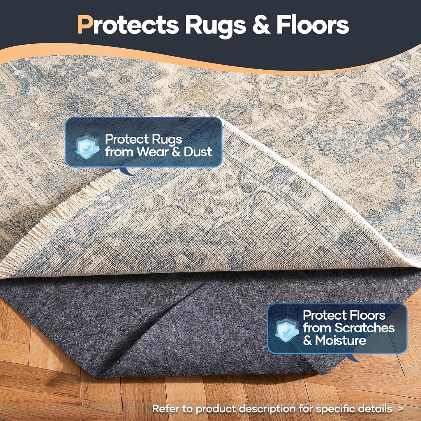 Non Slip Cushioned Rug Pad Gripper, Felt and Silicone Backing, Carpet Liner Protector Mat for Area Rugs and Hardwood Floors, Keep Rugs Safe and in Place, 2 x 3 Ft 1/8 inch Thick