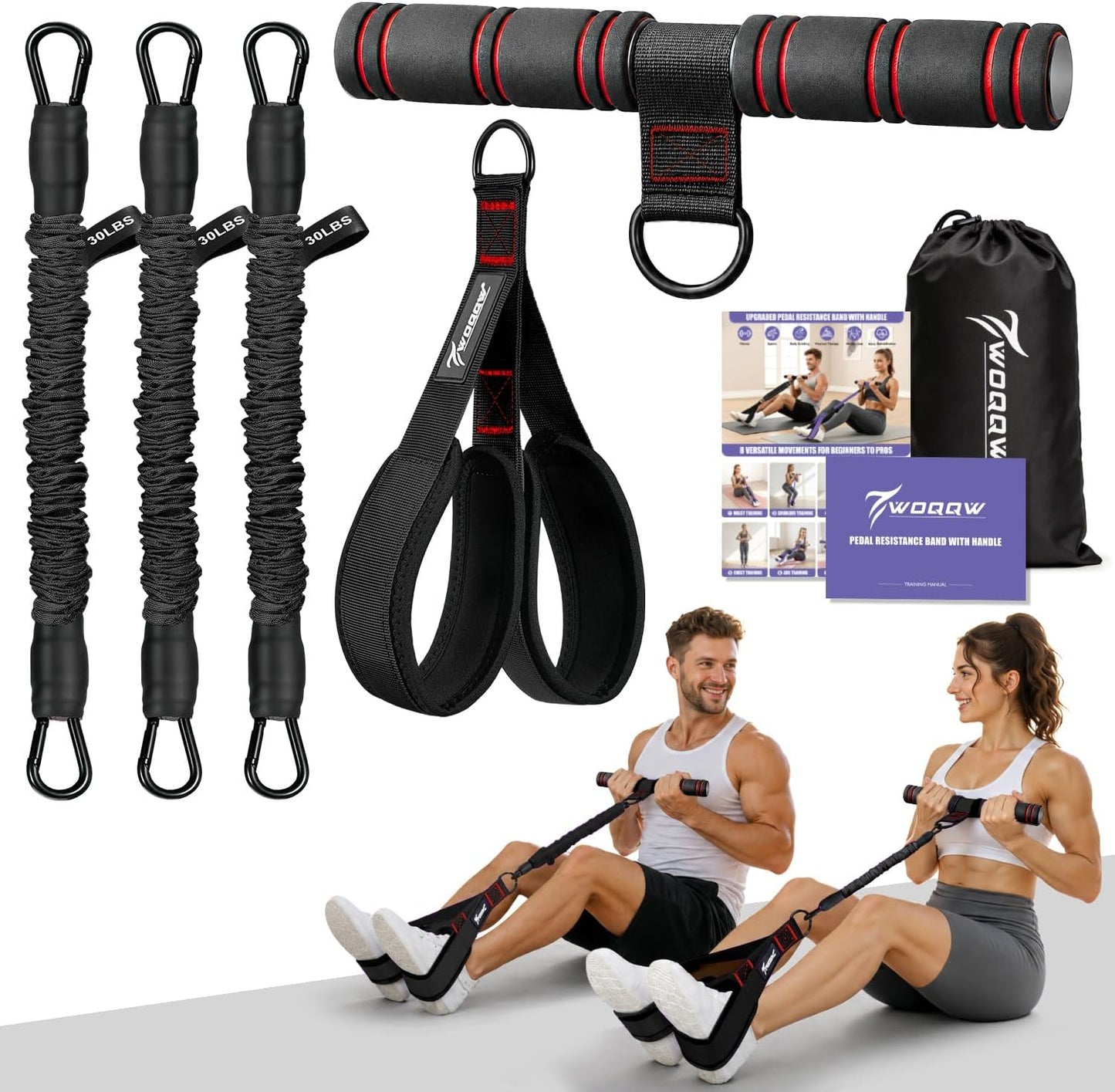 Multifunction Pedal Resistance Band with Handle, Upgraded 3 Tube Adjustable Foot Resistance Bands for Core, Arm, Legs, Body Puller Trainer - Sit Up Exercise Equipment for Women Men