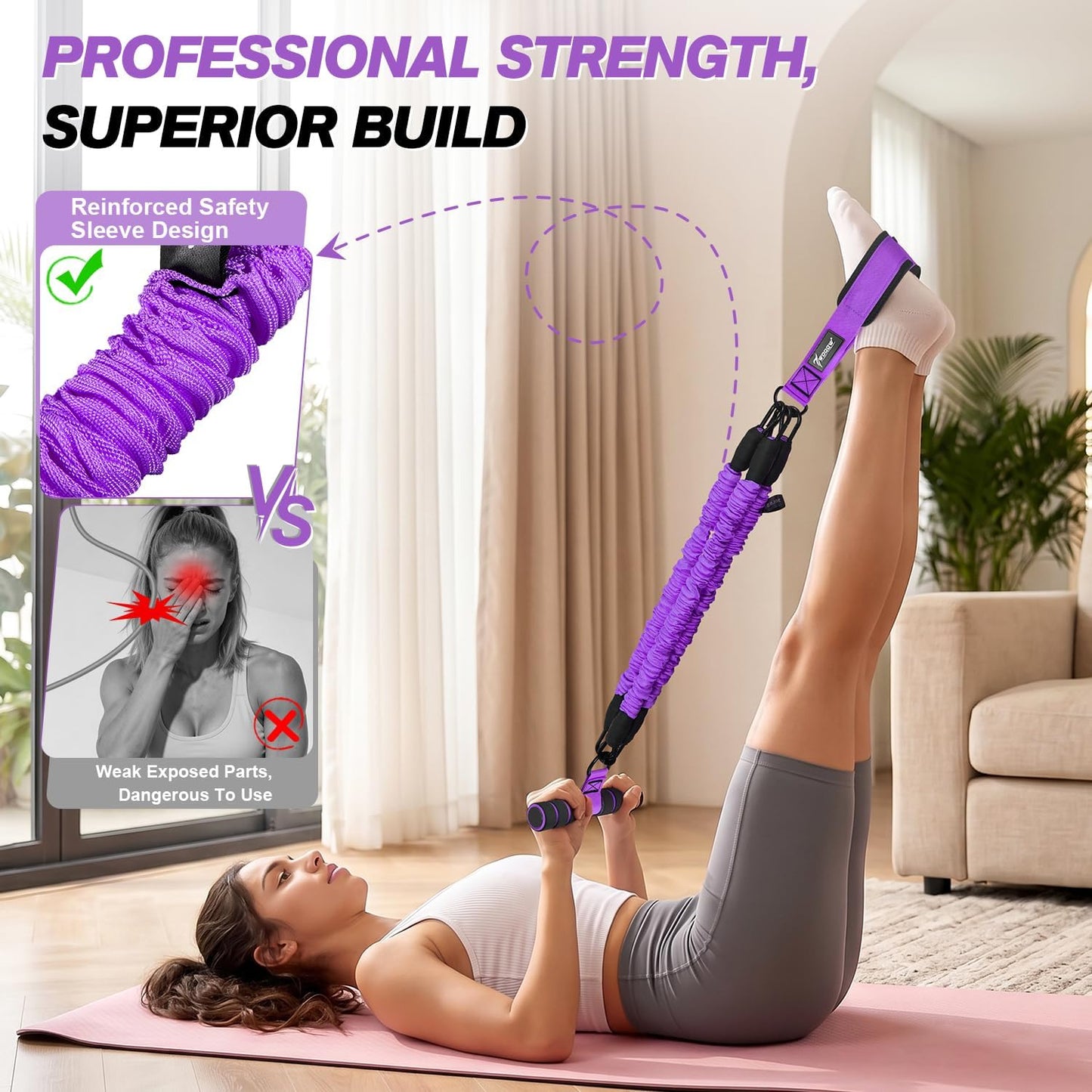 Multifunction Pedal Resistance Band with Handle, Upgraded 3 Tube Adjustable Foot Resistance Bands for Core, Arm, Legs, Body Puller Trainer - Sit Up Exercise Equipment for Women Men