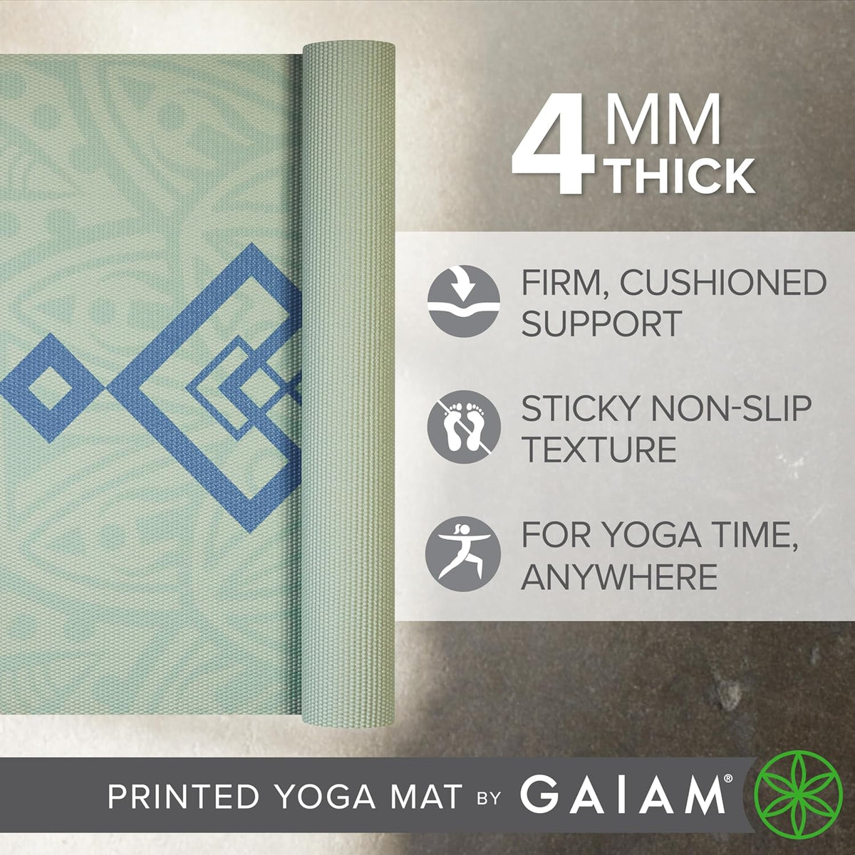 Yoga Mat Classic Print, 4mm Non-Slip Mat | Lightweight 4mm print yoga mat with non-slip grip. Ideal for yoga, Pilates & floor workouts at home or studio.