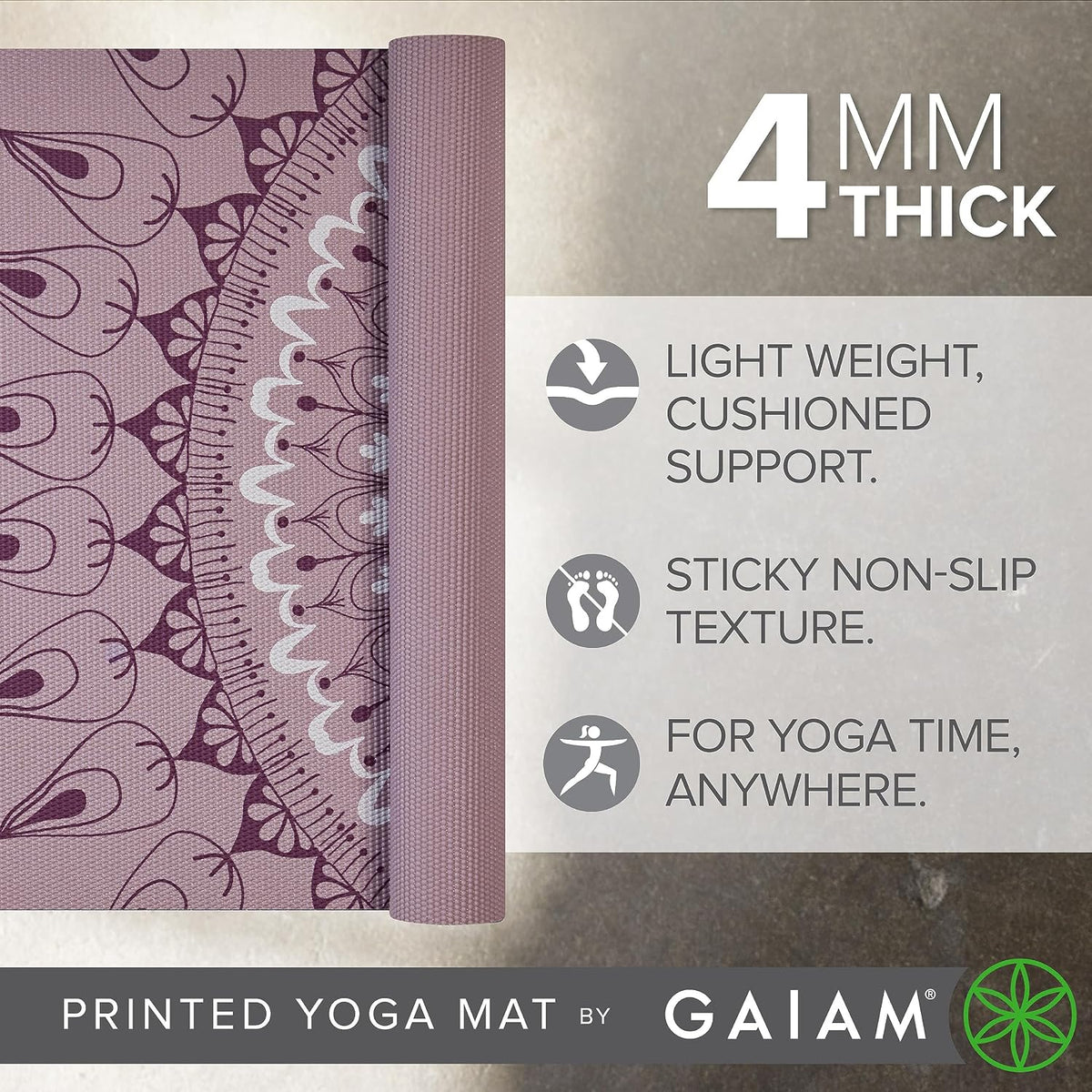 Yoga Mat Classic Print, 4mm Non-Slip Mat | Lightweight 4mm print yoga mat with non-slip grip. Ideal for yoga, Pilates & floor workouts at home or studio.