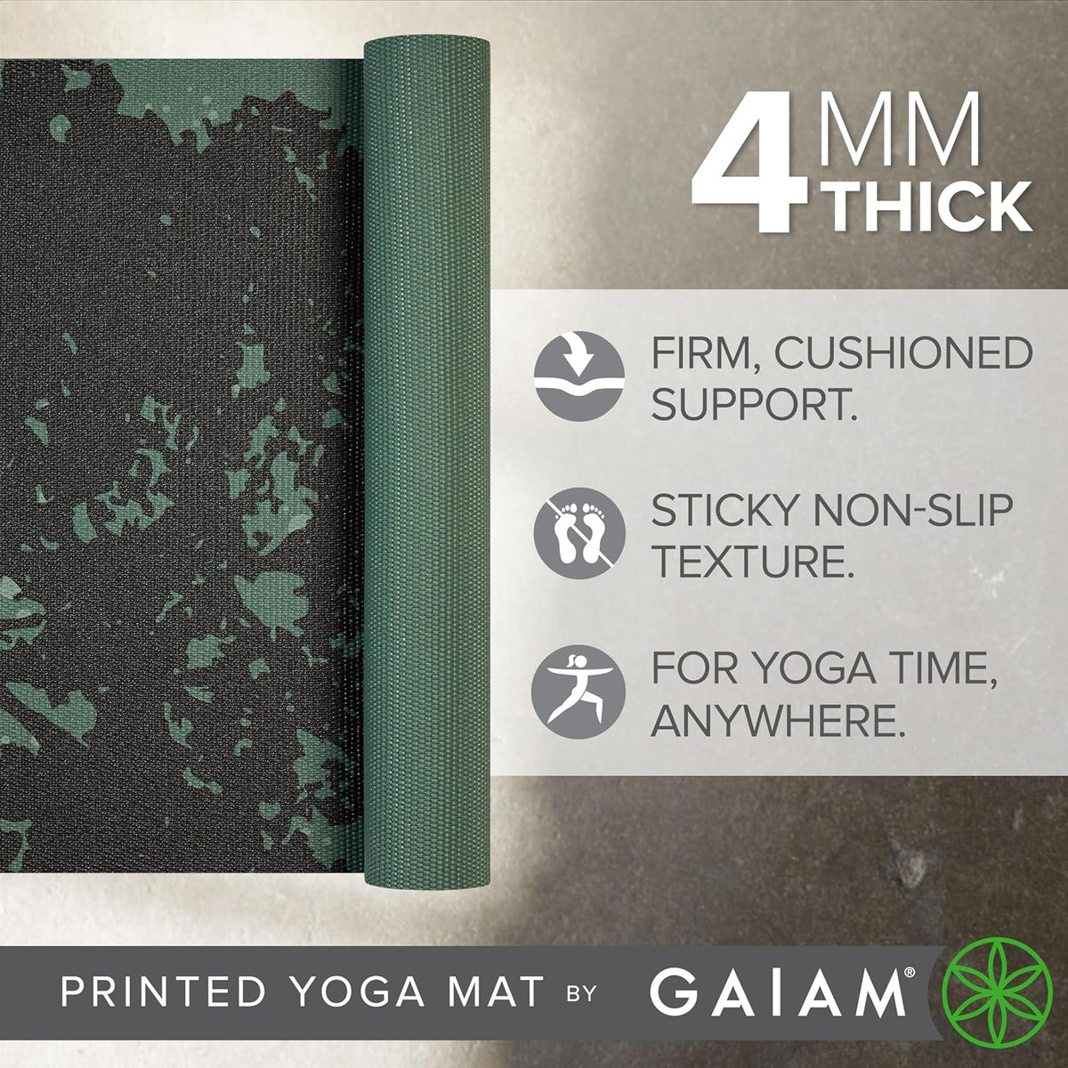 Yoga Mat Classic Print, 4mm Non-Slip Mat | Lightweight 4mm print yoga mat with non-slip grip. Ideal for yoga, Pilates & floor workouts at home or studio.