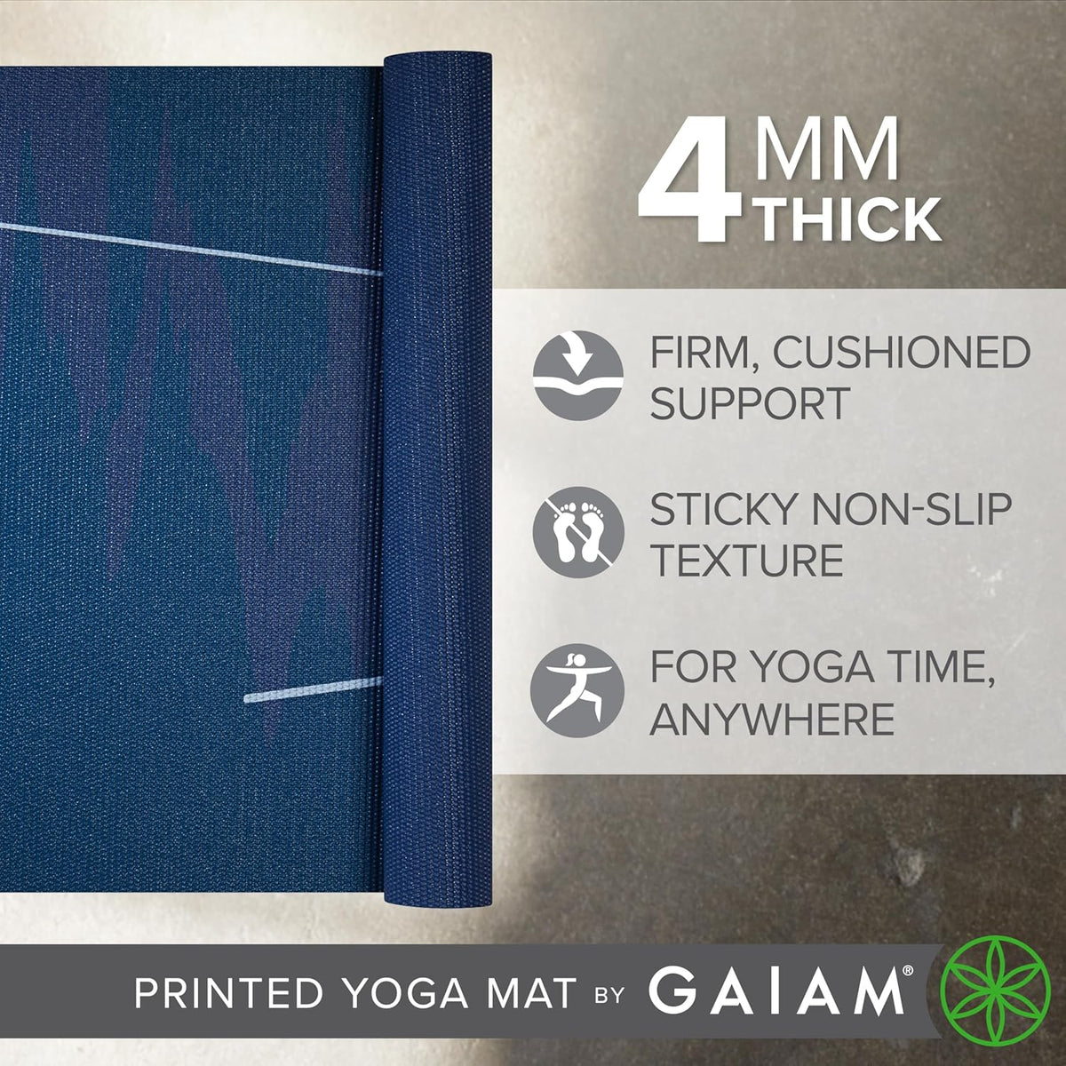 Yoga Mat Classic Print, 4mm Non-Slip Mat | Lightweight 4mm print yoga mat with non-slip grip. Ideal for yoga, Pilates & floor workouts at home or studio.