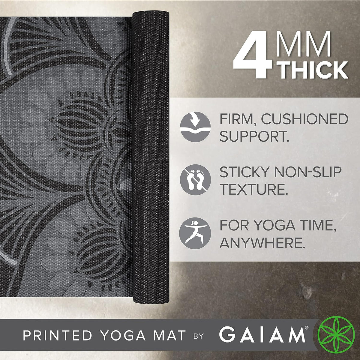 Yoga Mat Classic Print, 4mm Non-Slip Mat | Lightweight 4mm print yoga mat with non-slip grip. Ideal for yoga, Pilates & floor workouts at home or studio.