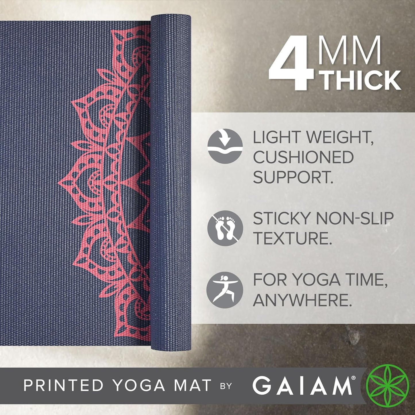 Yoga Mat Classic Print, 4mm Non-Slip Mat | Lightweight 4mm print yoga mat with non-slip grip. Ideal for yoga, Pilates & floor workouts at home or studio.