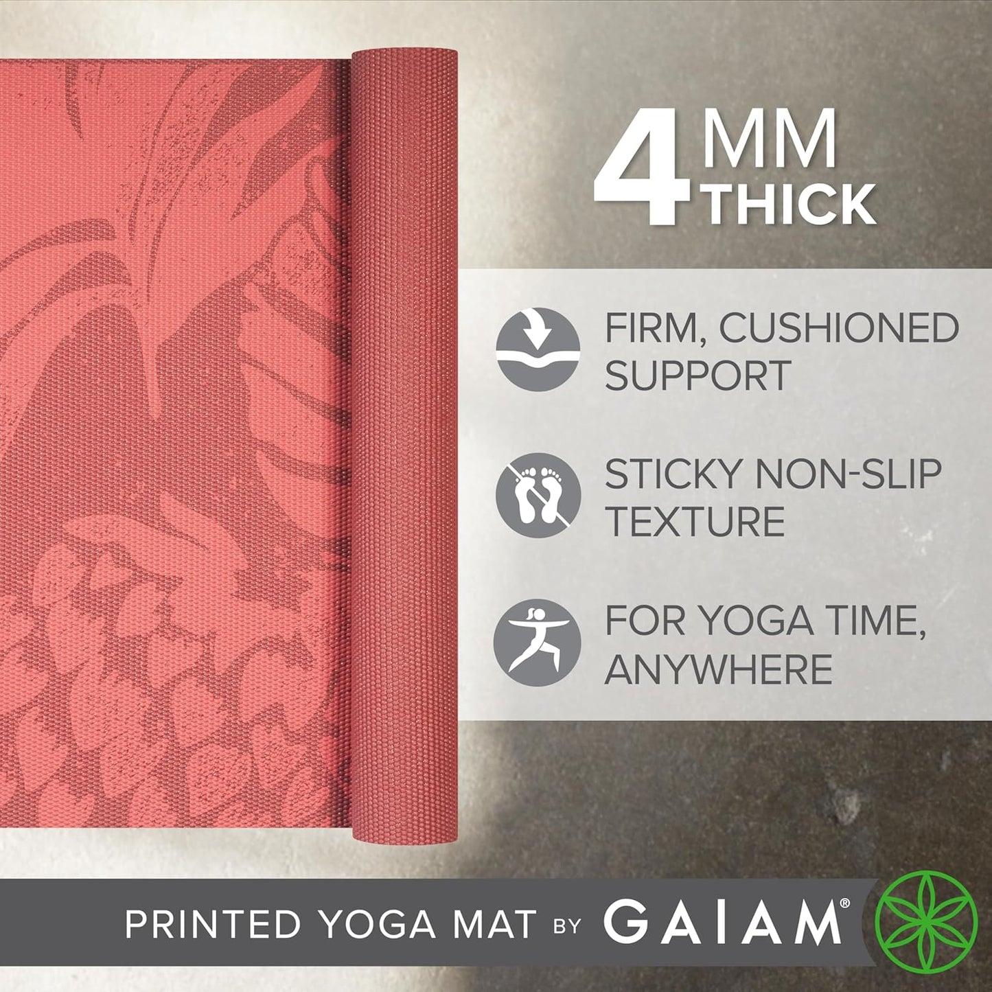 Yoga Mat Classic Print, 4mm Non-Slip Mat | Lightweight 4mm print yoga mat with non-slip grip. Ideal for yoga, Pilates & floor workouts at home or studio.