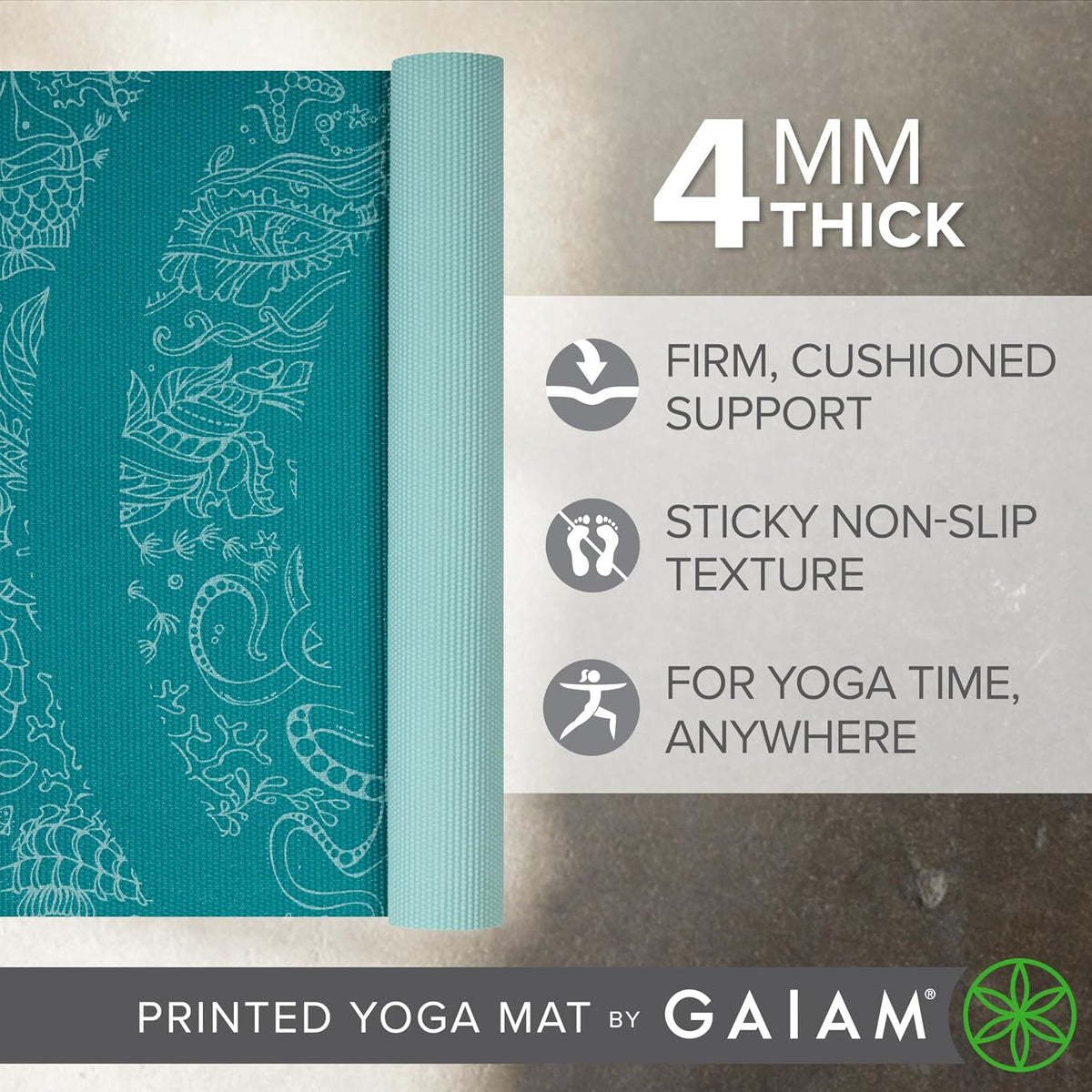 Yoga Mat Classic Print, 4mm Non-Slip Mat | Lightweight 4mm print yoga mat with non-slip grip. Ideal for yoga, Pilates & floor workouts at home or studio.