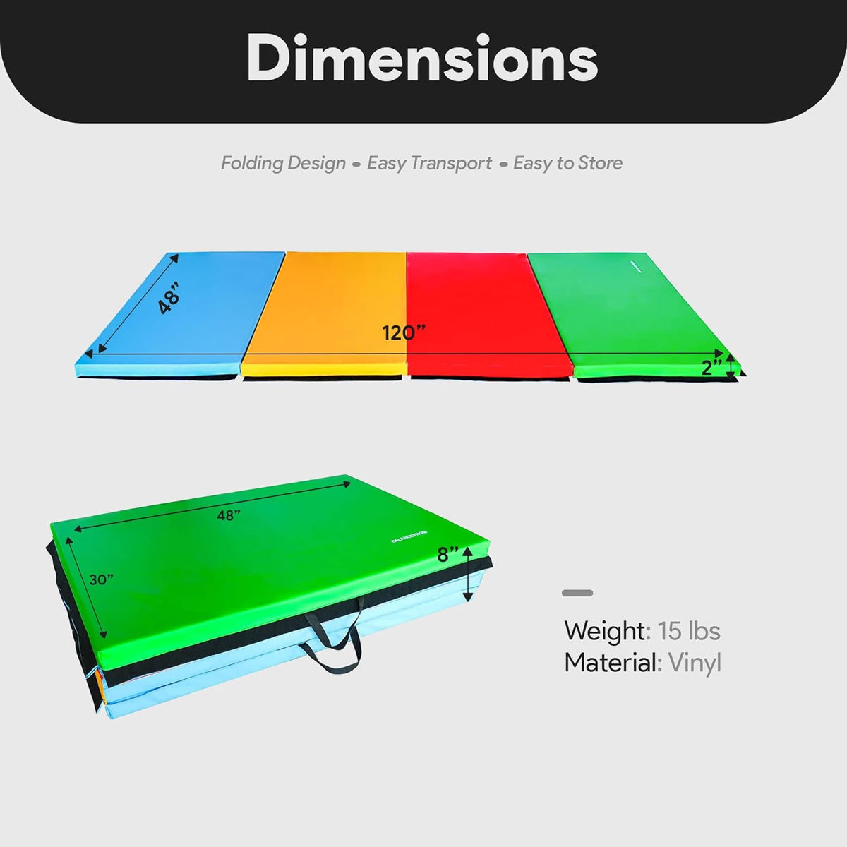 BalanceFrom 10x4 Feet 4-Panel Folding Gymnastics Mat – 2-Inch Thick Pad with Vinyl Surface and Carrying Handles for Tumbling, Yoga, Pilates, Home Workouts, and Martial Arts