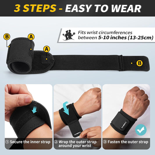 2 Pack Wrist Brace for Carpal Tunnel with wraps, Black | Wrist Support, Adjustable Wrist Wraps for Weightlifting, Tendonitis, Pain Relief, Sleeping, Night, Gym, Neoprene, Both Hands