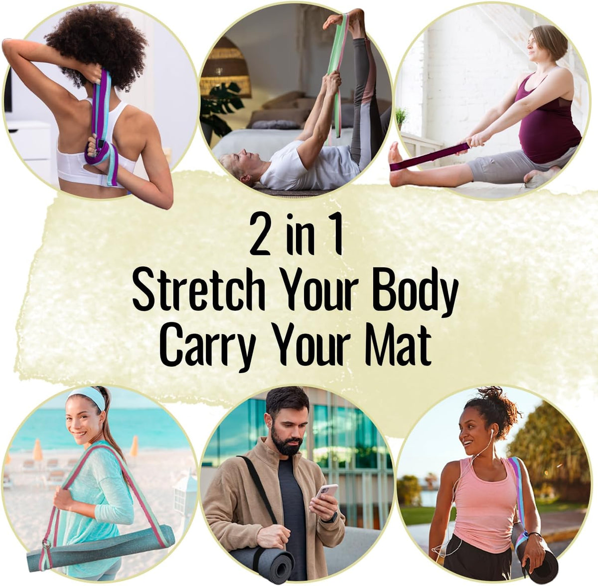 2 IN 1 Yoga & Mat Strap for Stretching – Cotton – 6/8/10 ft | Adjustable Non-Slip Belt in 30+ Colors for Yoga, Pilates, Physical Therapy, Fitness, Home Workouts and Carrying Mats