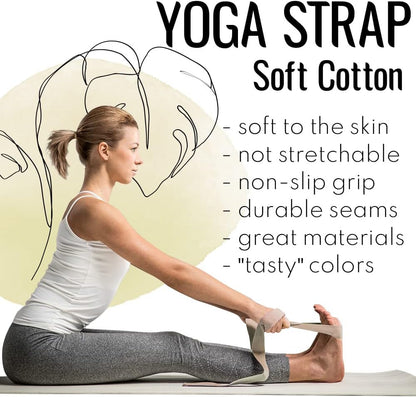 2 IN 1 Yoga & Mat Strap for Stretching – Cotton – 6/8/10 ft | Adjustable Non-Slip Belt in 30+ Colors for Yoga, Pilates, Physical Therapy, Fitness, Home Workouts and Carrying Mats