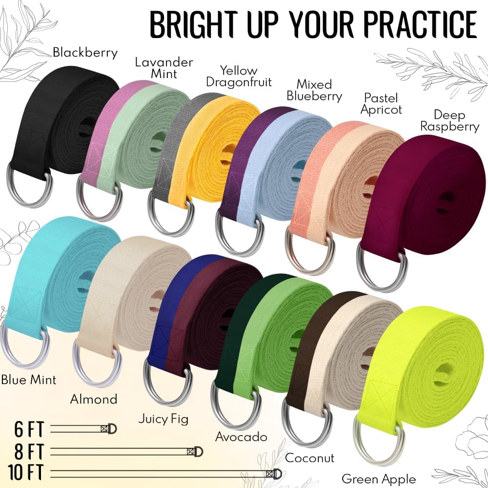 2 IN 1 Yoga & Mat Strap for Stretching – Cotton – 6/8/10 ft | Adjustable Non-Slip Belt in 30+ Colors for Yoga, Pilates, Physical Therapy, Fitness, Home Workouts and Carrying Mats