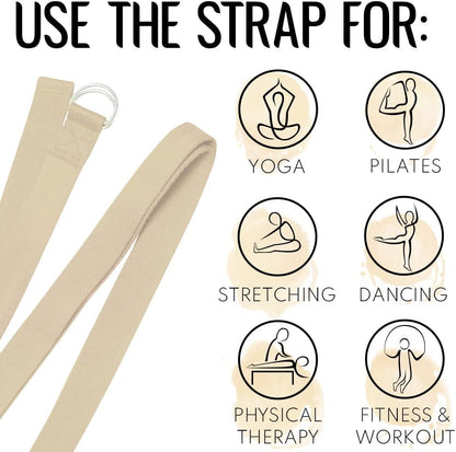 2 IN 1 Yoga & Mat Strap for Stretching – Cotton – 6/8/10 ft | Adjustable Non-Slip Belt in 30+ Colors for Yoga, Pilates, Physical Therapy, Fitness, Home Workouts and Carrying Mats