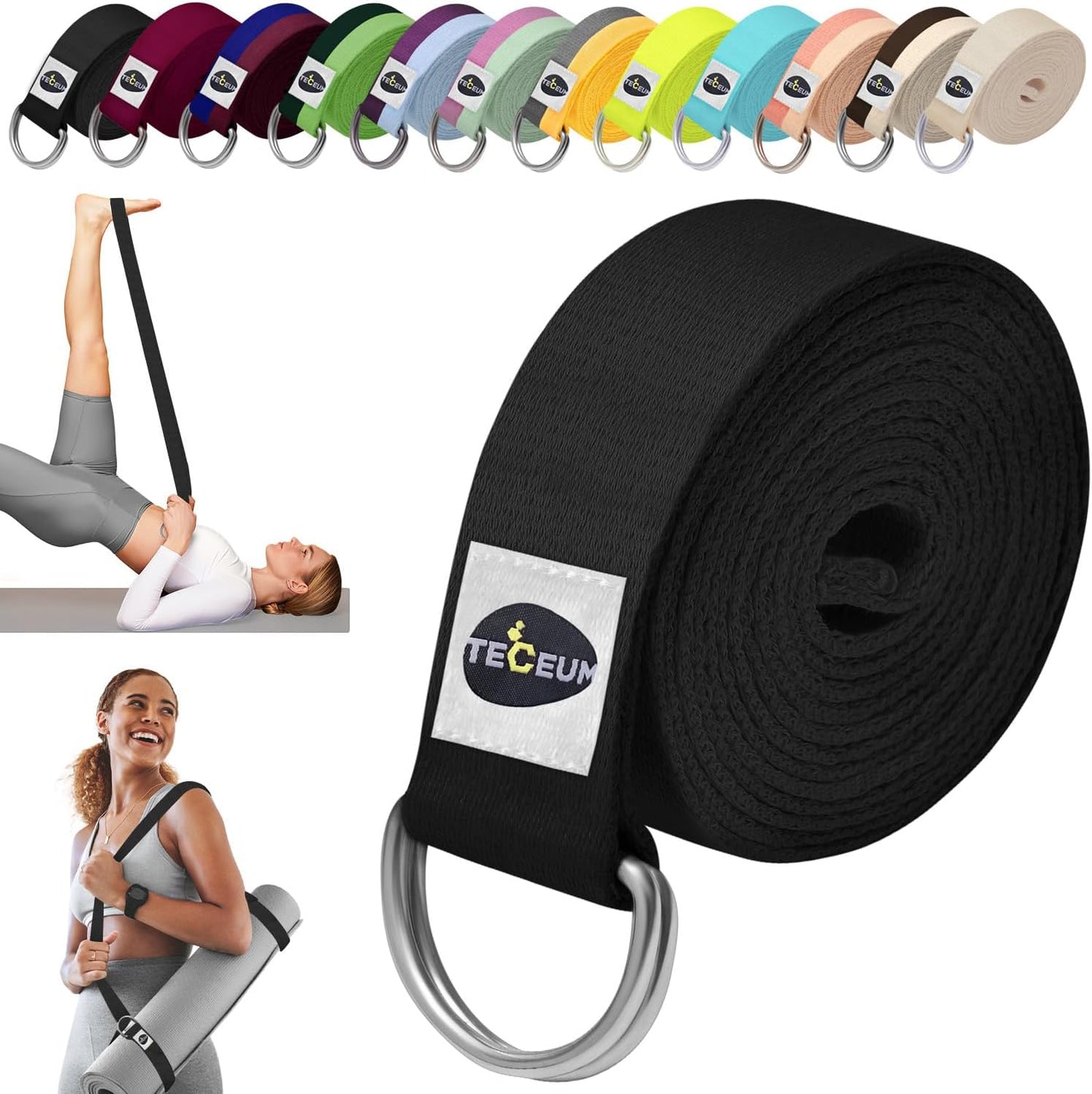 2 IN 1 Yoga & Mat Strap for Stretching – Cotton – 6/8/10 ft | Adjustable Non-Slip Belt in 30+ Colors for Yoga, Pilates, Physical Therapy, Fitness, Home Workouts and Carrying Mats