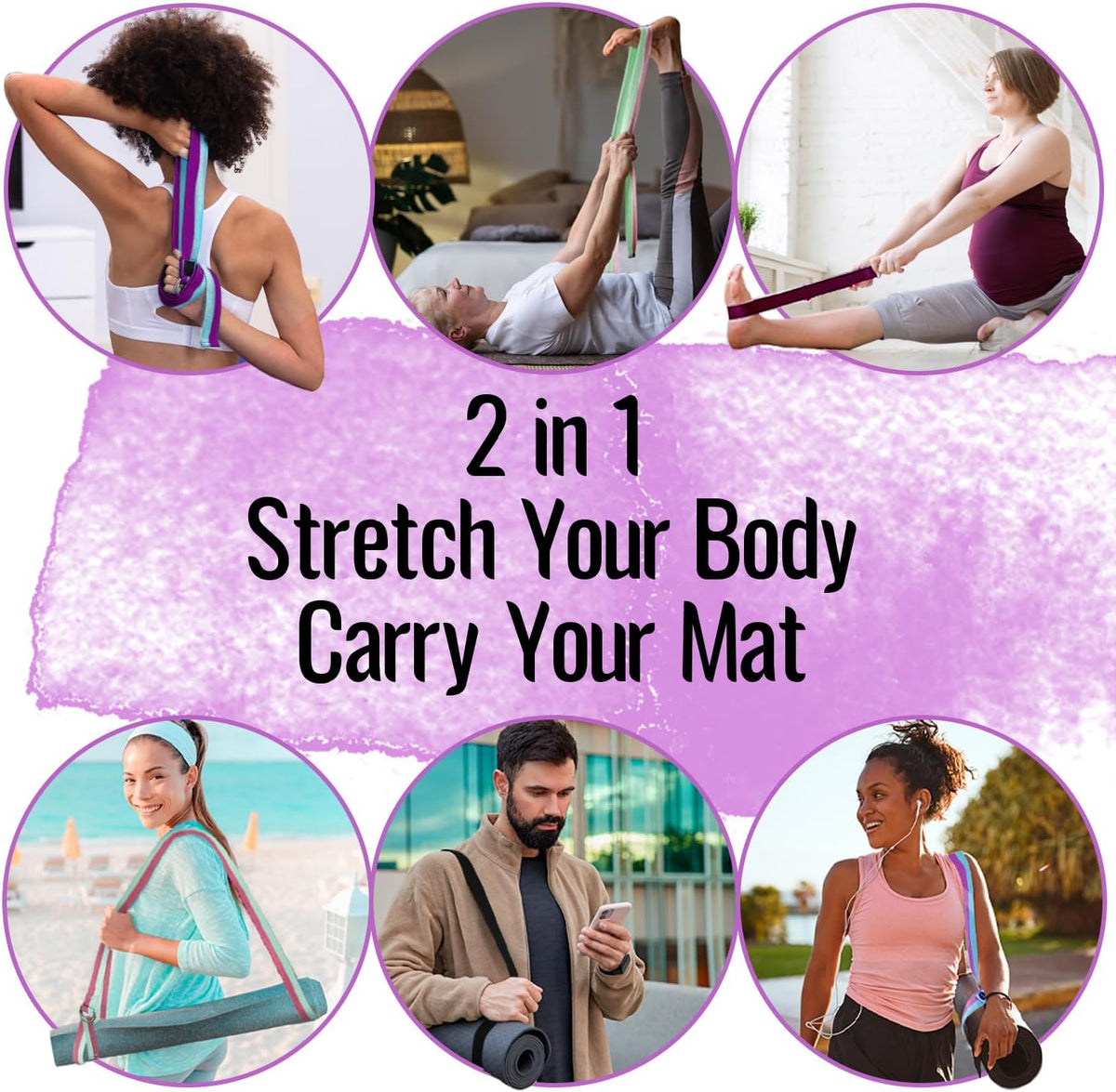 2 IN 1 Yoga & Mat Strap for Stretching – Cotton – 6/8/10 ft | Adjustable Non-Slip Belt in 30+ Colors for Yoga, Pilates, Physical Therapy, Fitness, Home Workouts and Carrying Mats