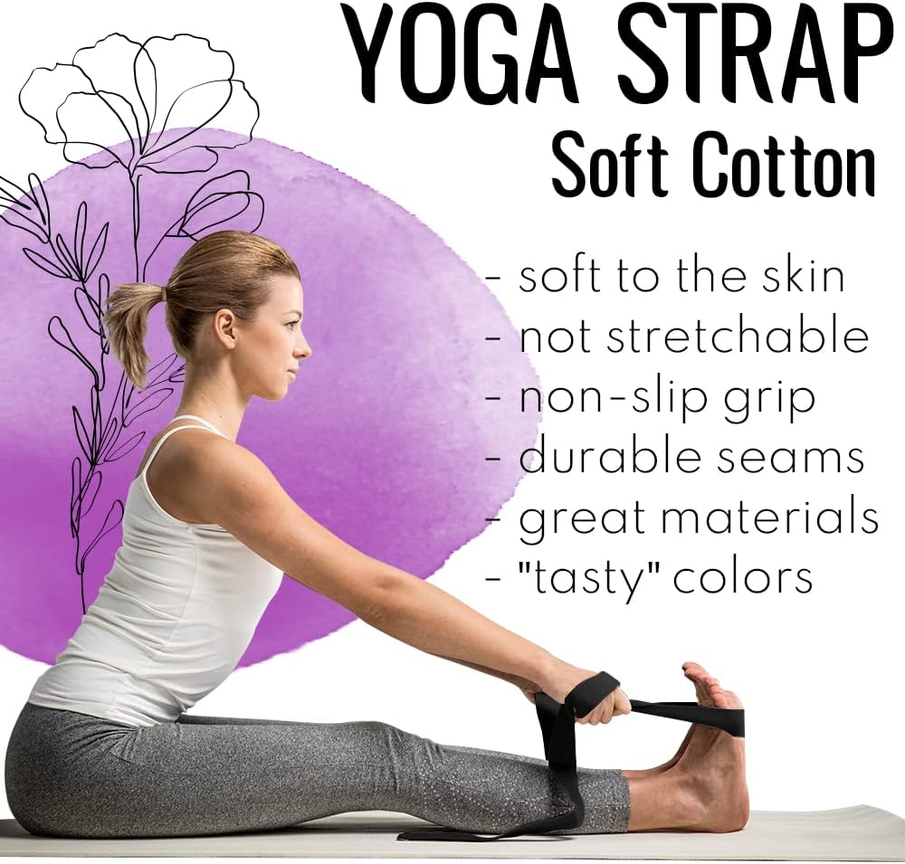 2 IN 1 Yoga & Mat Strap for Stretching – Cotton – 6/8/10 ft | Adjustable Non-Slip Belt in 30+ Colors for Yoga, Pilates, Physical Therapy, Fitness, Home Workouts and Carrying Mats