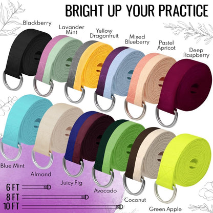2 IN 1 Yoga & Mat Strap for Stretching – Cotton – 6/8/10 ft | Adjustable Non-Slip Belt in 30+ Colors for Yoga, Pilates, Physical Therapy, Fitness, Home Workouts and Carrying Mats