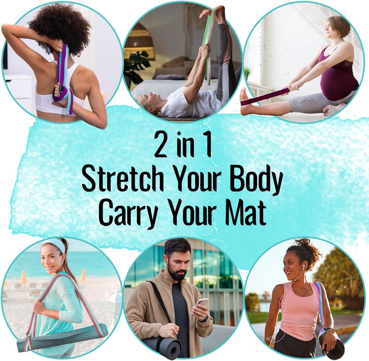2 IN 1 Yoga & Mat Strap for Stretching – Cotton – 6/8/10 ft | Adjustable Non-Slip Belt in 30+ Colors for Yoga, Pilates, Physical Therapy, Fitness, Home Workouts and Carrying Mats