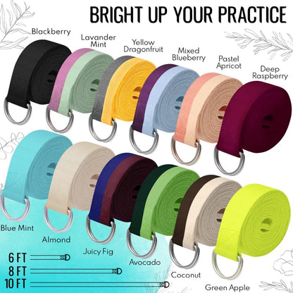 2 IN 1 Yoga & Mat Strap for Stretching – Cotton – 6/8/10 ft | Adjustable Non-Slip Belt in 30+ Colors for Yoga, Pilates, Physical Therapy, Fitness, Home Workouts and Carrying Mats