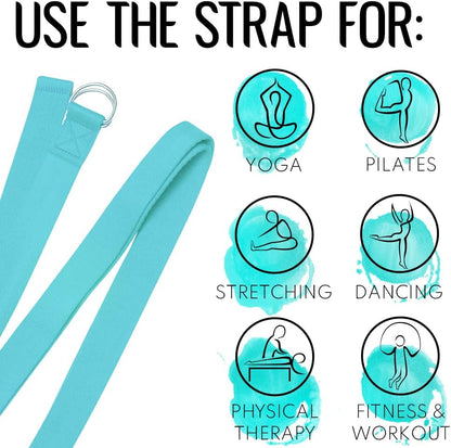 2 IN 1 Yoga & Mat Strap for Stretching – Cotton – 6/8/10 ft | Adjustable Non-Slip Belt in 30+ Colors for Yoga, Pilates, Physical Therapy, Fitness, Home Workouts and Carrying Mats