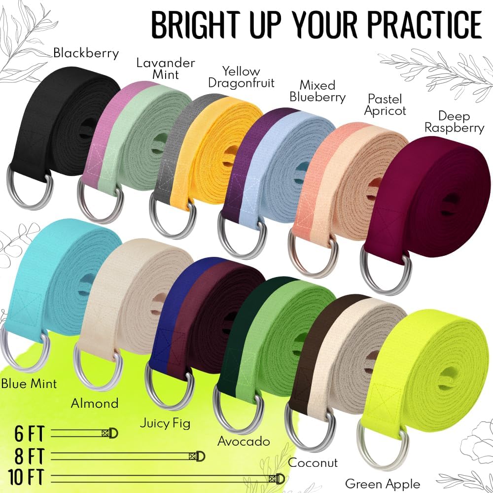 2 IN 1 Yoga & Mat Strap for Stretching – Cotton – 6/8/10 ft | Adjustable Non-Slip Belt in 30+ Colors for Yoga, Pilates, Physical Therapy, Fitness, Home Workouts and Carrying Mats