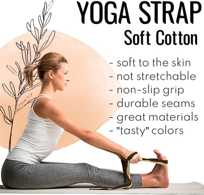 2 IN 1 Yoga & Mat Strap for Stretching – Cotton – 6/8/10 ft | Adjustable Non-Slip Belt in 30+ Colors for Yoga, Pilates, Physical Therapy, Fitness, Home Workouts and Carrying Mats