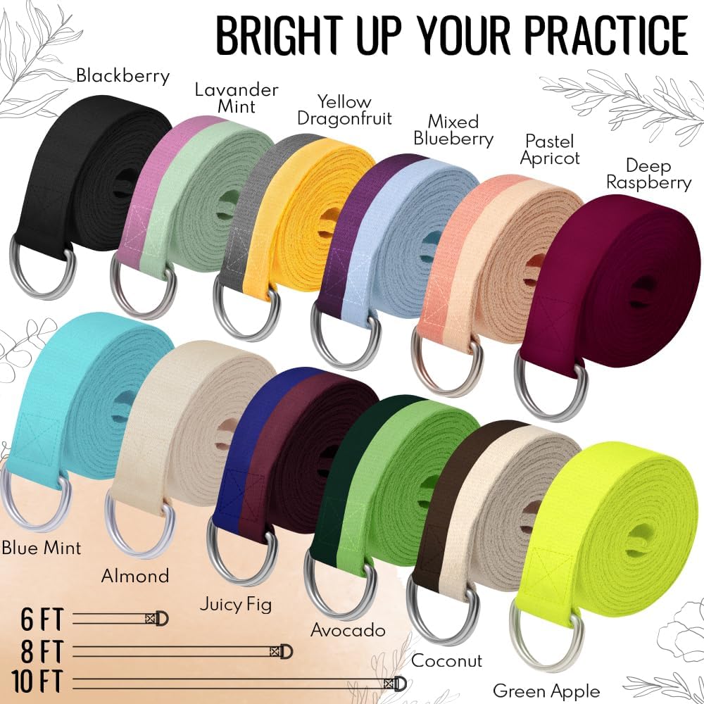 2 IN 1 Yoga & Mat Strap for Stretching – Cotton – 6/8/10 ft | Adjustable Non-Slip Belt in 30+ Colors for Yoga, Pilates, Physical Therapy, Fitness, Home Workouts and Carrying Mats