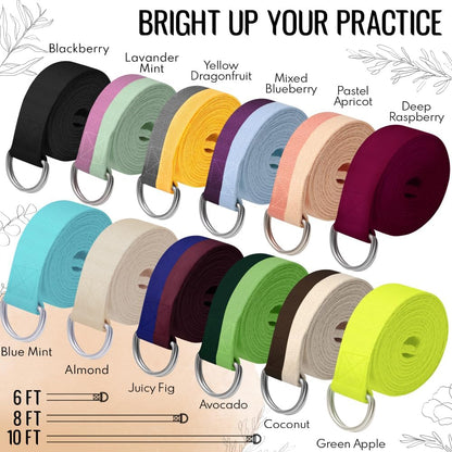 2 IN 1 Yoga & Mat Strap for Stretching – Cotton – 6/8/10 ft | Adjustable Non-Slip Belt in 30+ Colors for Yoga, Pilates, Physical Therapy, Fitness, Home Workouts and Carrying Mats