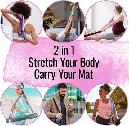 2 IN 1 Yoga & Mat Strap for Stretching – Cotton – 6/8/10 ft | Adjustable Non-Slip Belt in 30+ Colors for Yoga, Pilates, Physical Therapy, Fitness, Home Workouts and Carrying Mats