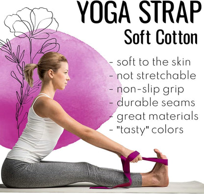 2 IN 1 Yoga & Mat Strap for Stretching – Cotton – 6/8/10 ft | Adjustable Non-Slip Belt in 30+ Colors for Yoga, Pilates, Physical Therapy, Fitness, Home Workouts and Carrying Mats
