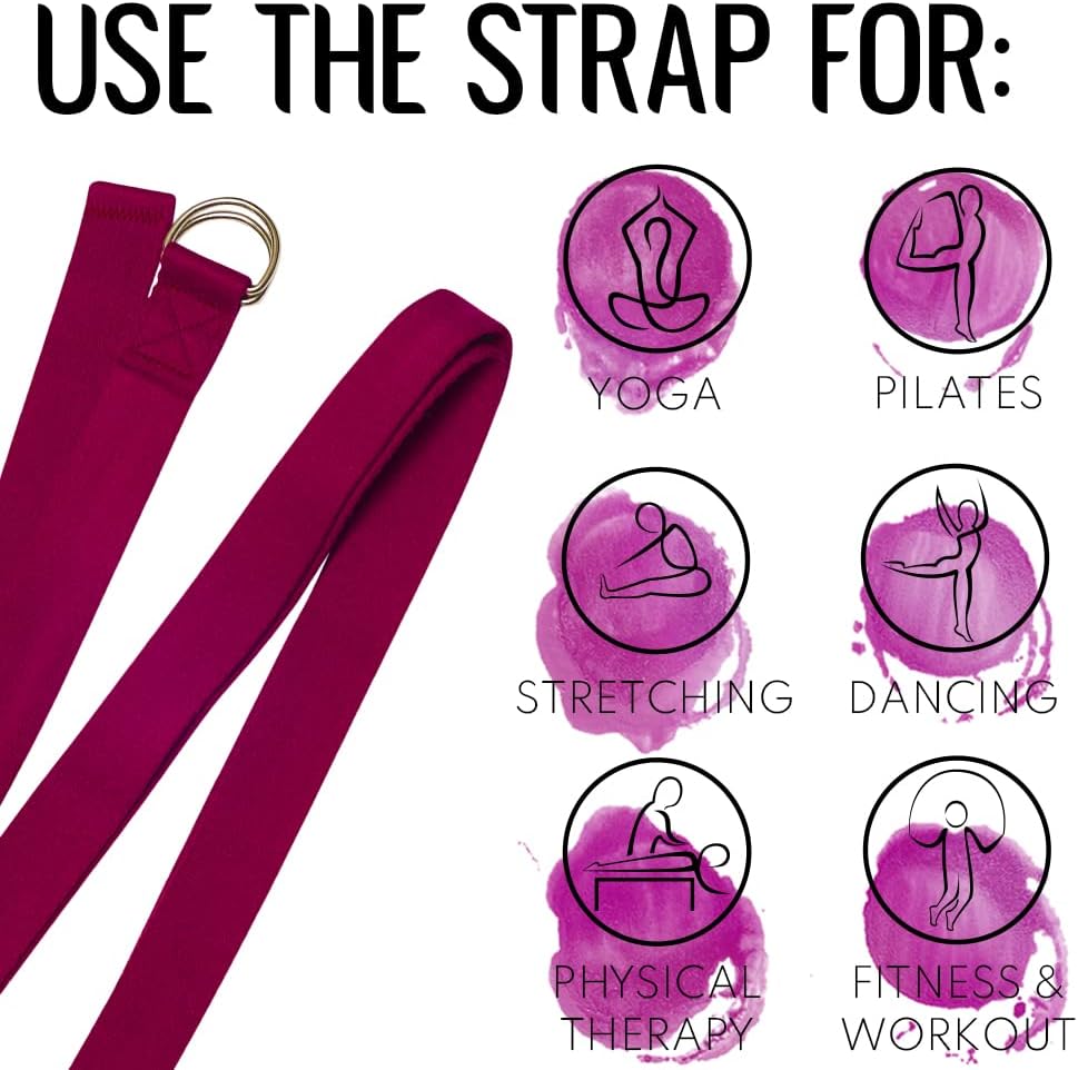 2 IN 1 Yoga & Mat Strap for Stretching – Cotton – 6/8/10 ft | Adjustable Non-Slip Belt in 30+ Colors for Yoga, Pilates, Physical Therapy, Fitness, Home Workouts and Carrying Mats